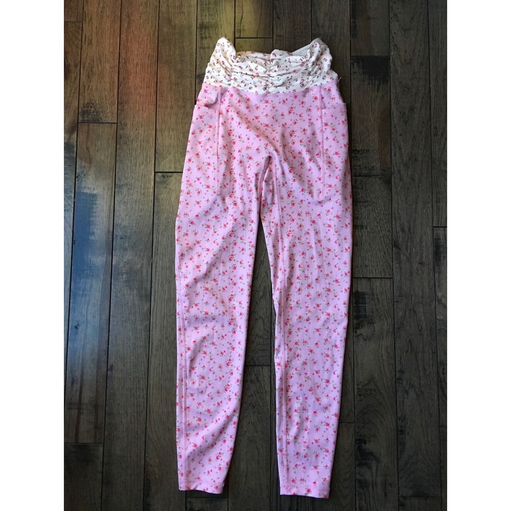 Blogilates Ruched Waist Legging Pink Floral High Rise Side Pockets Womens Small